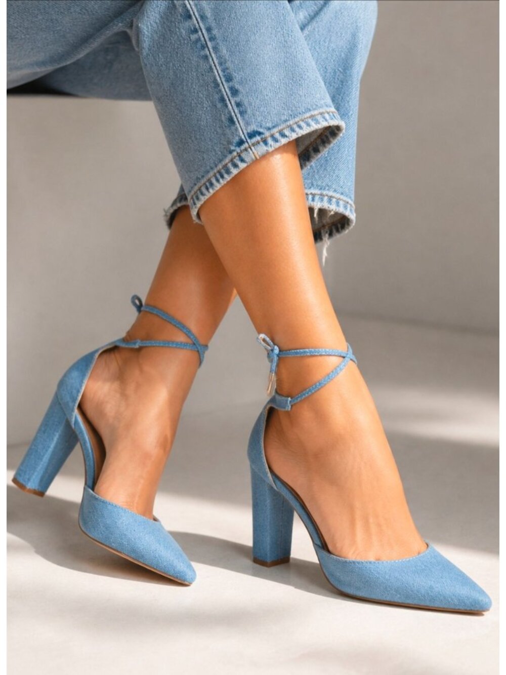 Blue Denim Ankle Strap Block Heels For Women Closed Pointed Toe Comfortable High